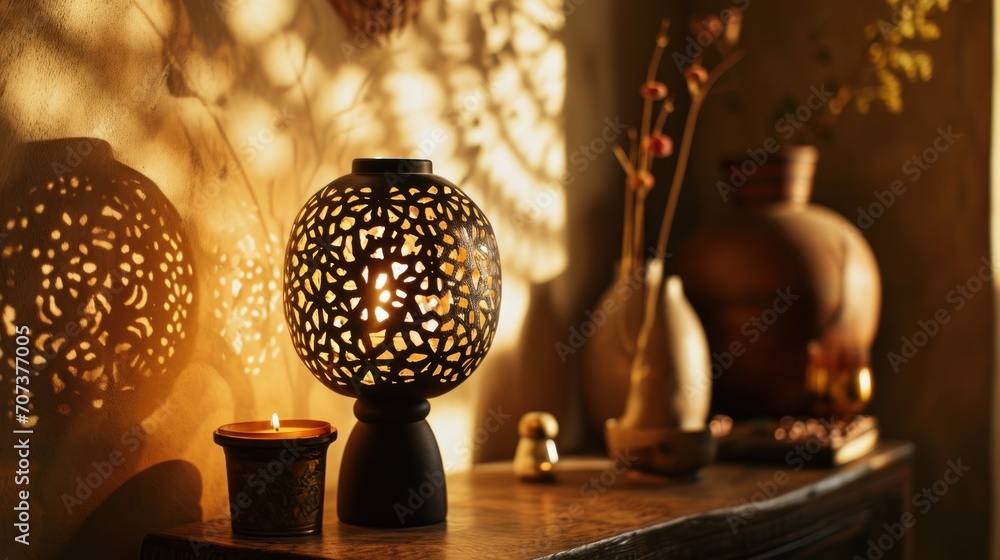 Poster a lit candle sits on a table next to a vase and a vase with a flower in it on a table next to a vase