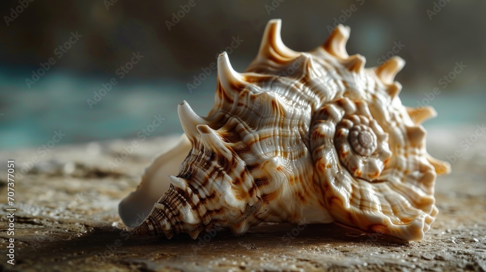 Poster a close up of a seashell on a sandy surface with water in the backgrouund and a blurry backgrouund i