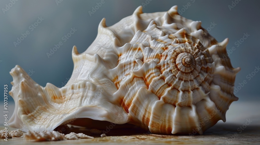 Poster a close up of a sea shell on a table with a blurry backround behind it and a light blue backround ba