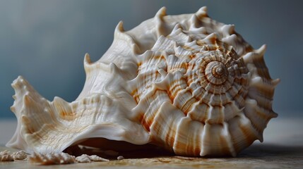 a close up of a sea shell on a table with a blurry backround behind it and a light blue backround backround behind it.