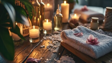 Naklejka na ściany i meble Serene Relaxation Haven. Empty background with a massage table adorned with towels, candles, and aromatherapy oils. Copy space for text. Spa retreat, wellness