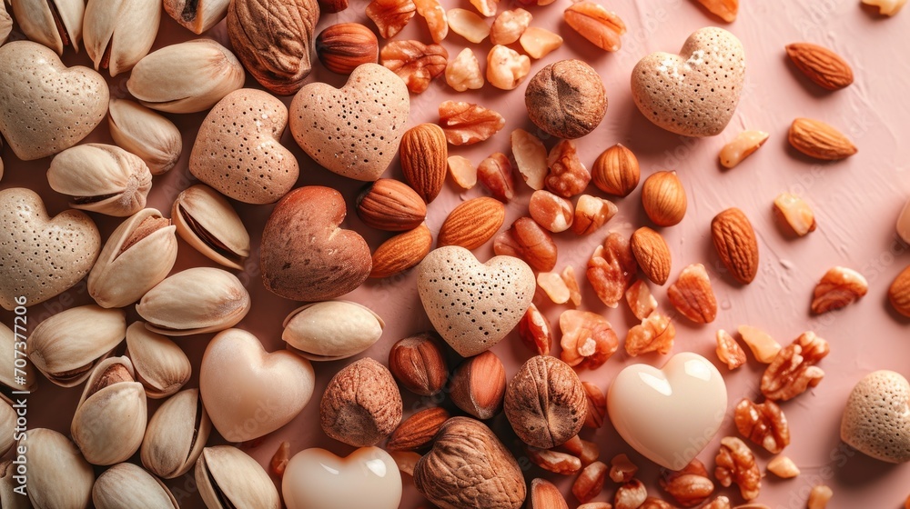 Poster a variety of nuts and nutshells are arranged in a circle on a pink surface with a white heart shaped