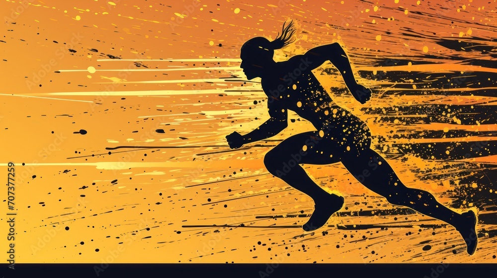 Poster a silhouette of a person on skis in front of an orange and yellow background with a splash of paint 