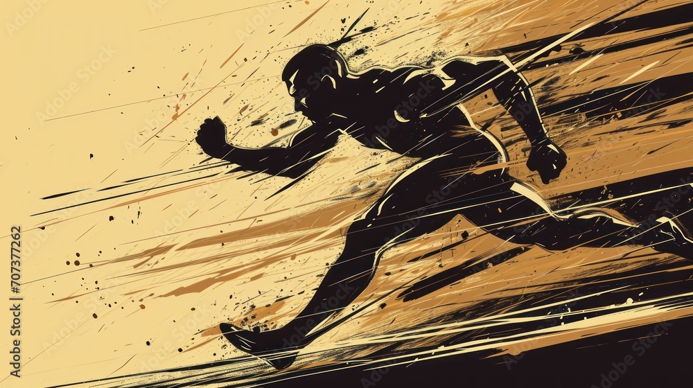 Poster a silhouette of a person running on a yellow and black background with a splash of paint on the side