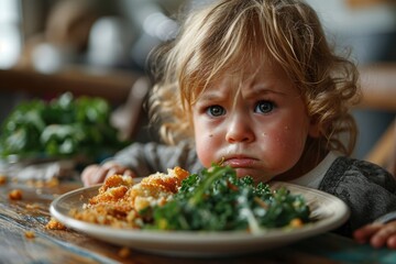 Healthy Eating Dilemma: The child's reluctance to embrace a plate of vegetables, portraying the challenges in promoting nutritious meals and the difficulties associated with instilling healthy habits - obrazy, fototapety, plakaty