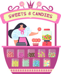 Market candy shop with flat woman seller isolated on white vector illustration. Store with sign, retail business sale cute cartoon candy at street. People character in stall food booth.