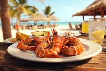 Punta Cana Feast: Indulge in a Seafood Paradise in Punta Cana, Where the Beach Meets Marisco Delights, Enhanced with Lemon for a Summer Culinary Delight.

 - obrazy, fototapety, plakaty