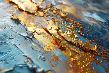 Close-up of golden textures on a blue painted surface