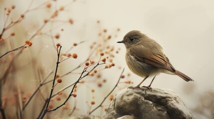  a small bird sitting on top of a rock next to a branch with small flowers on it and a blurry background of leaves and branches in the foreground.