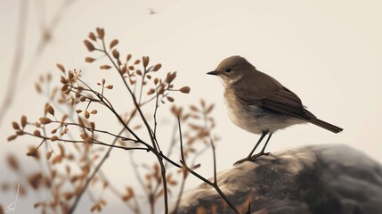 Obraz premium a small bird sitting on top of a rock next to a tree filled with leaves and a small bird flying over the top of a tree branch with small leaves.