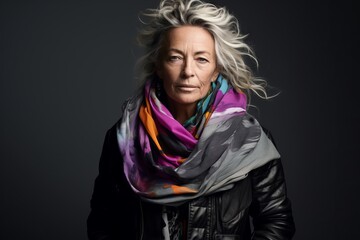 Portrait of a senior woman wearing a scarf over black background.