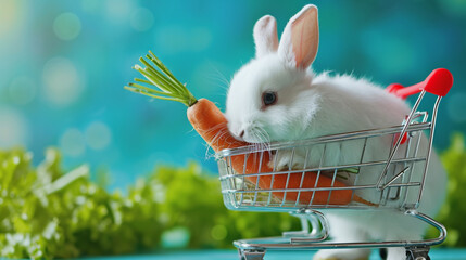 Bunny easter fluffy baby white rabbit love to eat carrot is holding shopping cart. AI Generative