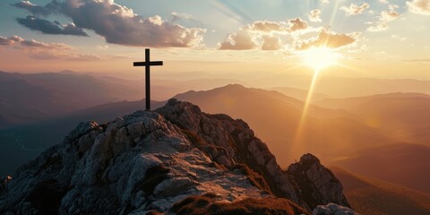 Divine Sunset: A breathtaking image captures a mountain with a cross atop at sunset, symbolizing the death of Jesus Christ and evoking deep religious sentiments associated with Easter and Christianity