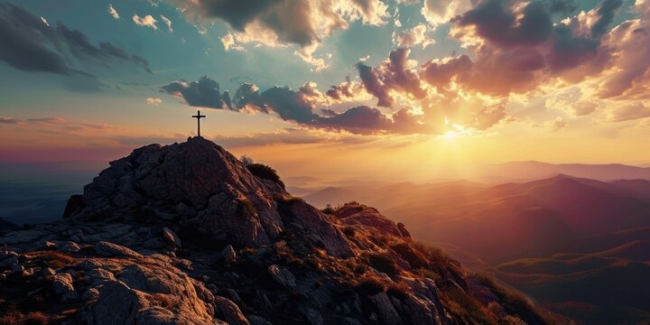 Divine Sunset: A breathtaking image captures a mountain with a cross atop at sunset, symbolizing the death of Jesus Christ and evoking deep religious sentiments associated with Easter and Christianity