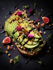  a piece of bread with avocado, nuts, and other toppings on top of a black surface with a spoon and a slice of avocado.