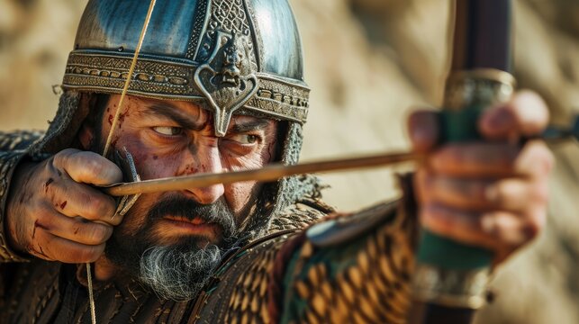 Persian Precision: Experience the battlefield through the eyes of a skilled 32-year-old Persian archer, drawing a powerful recurve bow and adorned in intricately designed armor, symbolizing the precis