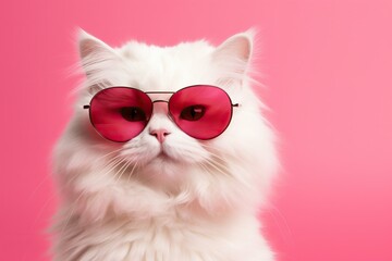 white cat portrait in red glasses. banner with a soft pink background Peach Fuzz