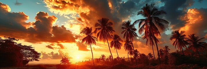 Tropical Tranquility: A Sunset Scene with Palm Trees in a Tropical Environment - A Panoramic View Featuring Silhouettes, Relaxation, and Nature's Evening Beauty.