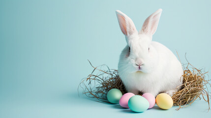 Naklejka na ściany i meble Cute white bunny with Easter eggs on a light blue background. AI Generative