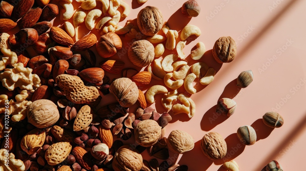 Poster a pile of nuts and nutshells sitting on top of a pink surface next to a pair of scissors and a pair 