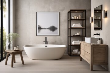 Fototapeta na wymiar Bathroom designed in the Scandinavian style, clean lines and a minimalist aesthetic