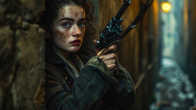 Urban Heroism: A World War II Resistance Girl Fighter Grips a Submachine Gun in a Dimly Lit Alley, Peering Cautiously, Evoking the Struggle Against Oppression.

