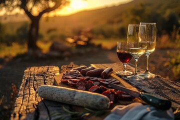 Iberian Flavors: The Iconic Landscapes of Spain and Portugal, Featuring a Selection of Various Cured Sausages, Knife, and Wine Glass. - obrazy, fototapety, plakaty