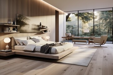 Bedroom with a spacious, minimally designed bed and neutral bedding for a serene atmosphere