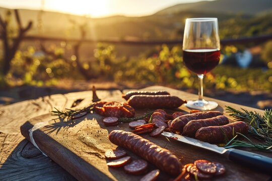 Iberian Flavors: The Iconic Landscapes of Spain and Portugal, Featuring a Selection of Various Cured Sausages, Knife, and Wine Glass.