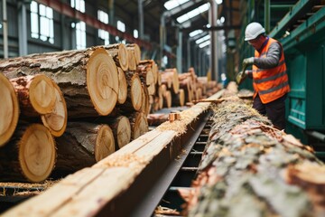 TimberCraft: A Glimpse into the Timber Processing Plant - Workers Skillfully Handling Logs,...