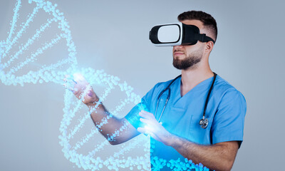 Young man doctor wearing VR glasses in future of healthcare conducts precise CRISPR edits on...