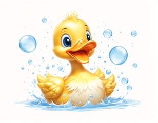Illustration of a charming yellow duckling having a fun with soap bubbles and splashing water, its beak open in delight as it looks at the viewer with blue eyes. On white background. Generative AI