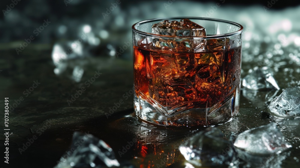 Poster a glass filled with ice sitting on top of a counter next to a pile of ice cubes on top of a counter 