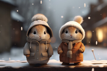 cute couple of animals are warmly dressed in winter, wrapped in cozy, natural fur or feathers....