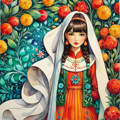 the girl in a dress beautiful bride in an asian garden with fruits