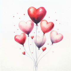 Watercolor heart-shaped balloons in different shades of pink. Birthday, party, anniversary celebration, wedding, women's day, mother's day, Valentine's Day concept. Romantic greeting card