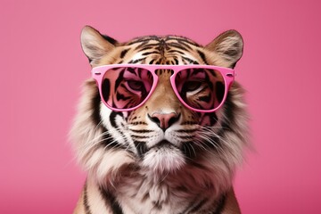 tiger portrait with pink glasses. banner with white background. Peach Fuzz