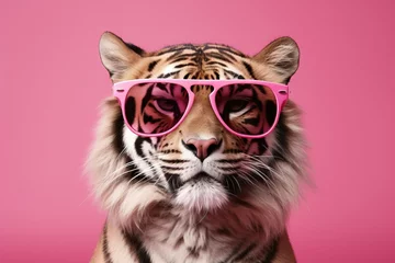 Rolgordijnen tiger portrait with pink glasses. banner with white background. Peach Fuzz © Al