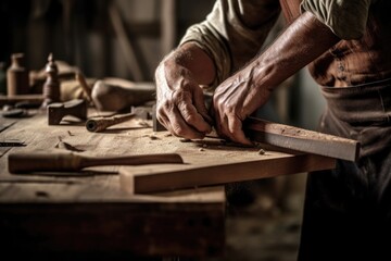 cropped shot of a carpenter working at his workbench
