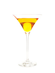Glass of tasty yellow cocktail on white background. Valentine's Day celebration