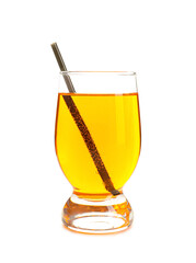 Glass of tasty yellow cocktail with straw on white background. Valentine's Day celebration