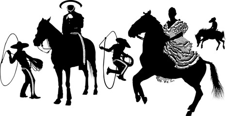 figura, caballo, silueta, pegatina, vaqueros, cuerdas, vaquilla, soga, rancheros, cowboys, jinete - obrazy, fototapety, plakaty