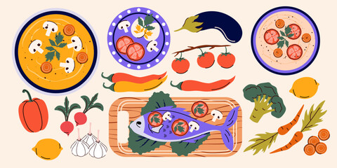 Fototapeta premium Cooking concept in a trendy style. Vector illustration. Isolated. Fish, greens, tomatoes, carrots, cream soup, peppers, garlic. Top view. Cooking food. Ingredients. Master class and cooking school.