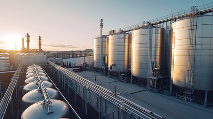Um vasto parque de tanques de armazenamento em um complexo industrial armazenando produtos químicos e líquidos utilizados em vários processos industriais - obrazy, fototapety, plakaty