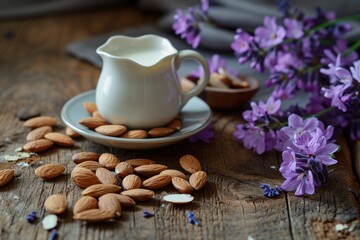 Fototapeta na wymiar Almond and violet flower on wooden backdrop with milk