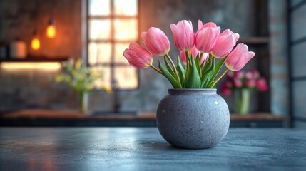A vase filled with pink flowers sitting on a table. - Powered by Adobe
