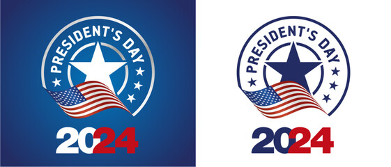 USA Presidents Day 2024. USA flag. 2024 USA star with american flag colors and symbols emblem logo on blue and white background - obrazy, fototapety, plakaty
