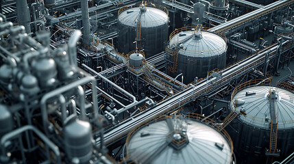 Um vasto parque de tanques de armazenamento em um complexo industrial armazenando produtos químicos e líquidos utilizados em vários processos industriais