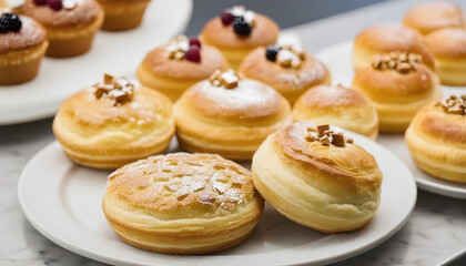 Obraz na płótnie Canvas Close up of pastries on plates on counter