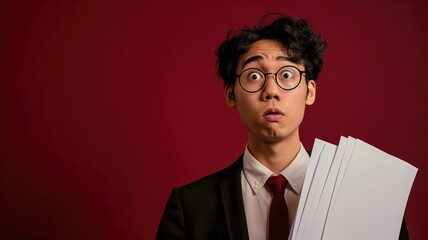 Surprised man in a suit holding papers with a worried expression - obrazy, fototapety, plakaty